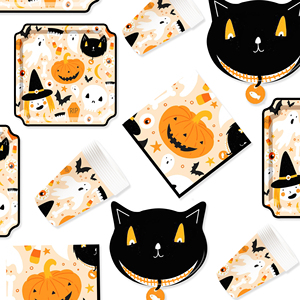 DAMAI Factory Wholesale Disposable Halloween Black Cat-head Pumpkin Paper Plate Set - Product Image 2