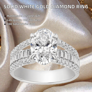 Bague de fiançailles en platine avec diamant ovale et pierres latérales baguette, bijoux classiques pour femmes - Product Image 2