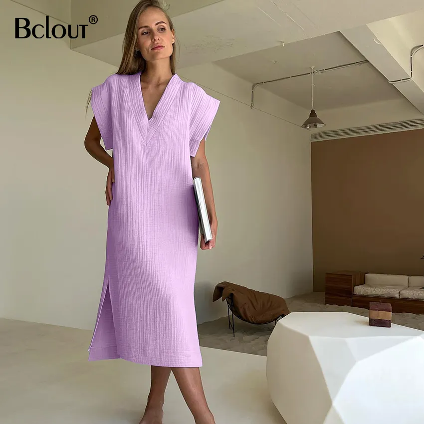 Bclout Solid Loose Sleeveless 2023 Summer Woman Dresses Women Sleepwear Female Casual Split Pajamas V Neck Cotton Night Dress