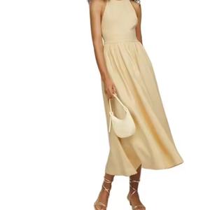 Robe longue plissée unie décontractée dos nu sexy moulante en lin pour femme – Idéale pour les soirées – Grande Vente - Product Image 4