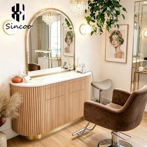 Estación de Espejo Doble de Diseño Personalizado para Barbería de Lujo, Estación de Espejo LED Curvo Ovalado con Mesa para Salón de Belleza - Product Image 5