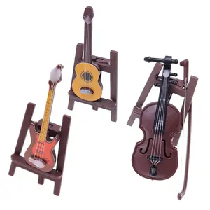 Plastic Mini Violin Dollhouse Crafts Music Instrument Miniatures DIY 1:12 Dolls House Wooden Violin With Case Stand