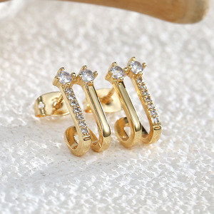Wholesale Double J Design Gold Plated Mini Crystal <b>Stud</b> Earrings Trendy Style Zircon Gift Accessory for Women Fashion Letter - Product Image 4