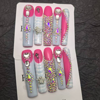 Ongles en acrylique à presser de luxe, marque privée, faits à la main, design épais, strass pour les doigts, ongles artificiels personnalisables