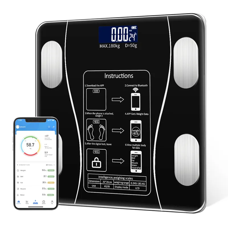 Aplicación de seguimiento electrónico personalizada Monitor de composición Smart Wireless BMI Blue Tooth Digital Body Health Fat Scale