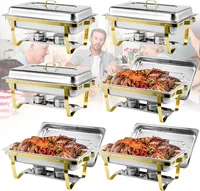 Ensemble de réchauds de buffet semi-ornés d'or en acier inoxydable à motif uni, 8QT-9QT, rectangulaires, pour traiteur et événements