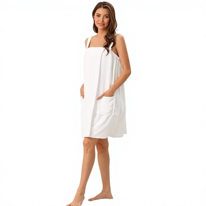 <b>White</b> Cotton Wearable Bath <b>Towel</b> Dress With Pockets Machine Washable Adult Solid Color Rectangle Shape - Product Image 2
