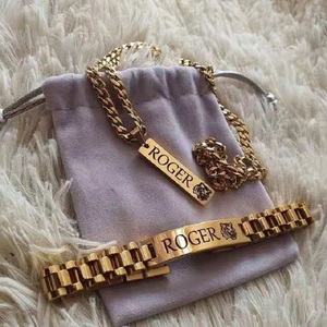 Set Collana e Bracciale Personalizzati in Acciaio Inossidabile Placcato Oro 18K Sottovuoto Anti-Appannamento per Uomo, Regalo Festa del Papà - Product Image 3