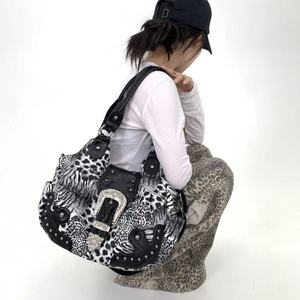 Street Spicy Girl Leopard Print <strong>Patchwork</strong> Tote <strong>Bag</strong> with Multiple Pockets and Rivets, Vintage Crossbody Handbag, Antique <strong>Bag</strong> - Product Image 4