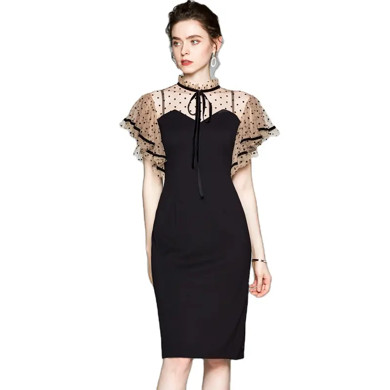 Gaun desainer hitam kasual musim panas seksi gaun musim panas Midi motif polkadot ramping 2023