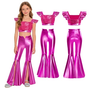 Kids Girls Dance Costumes Wholesalers Dance Performance Outfit Sparkling <b>Sequin</b> Metallic Crop <b>Top</b> With Pant Casual Daily Wear - Product Image 5