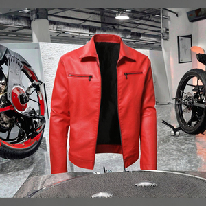 Blouson de moto pour homme tendance, décontracté, à manches longues, en cuir respirant, toile unie, style streetwear, coupe ajustée - Product Image 3