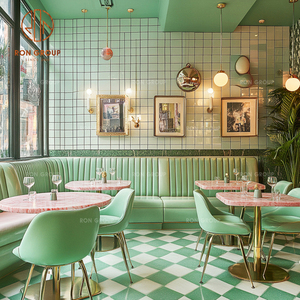 Set di Mobili per Caffetteria, Ristorante e Bar: <span class=keywords><strong>Divano</strong></span> in Pelle Verde, Tavolo in Marmo Rosa e Sedie Verde Chiaro per Spazi di Ristorazione - Product Image 2