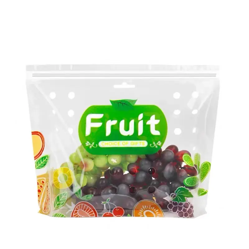 Şeffaf açılıp kapanabilir taze meyveler sebze fermuar plastik ambalaj çanta hava deliği ve kolu