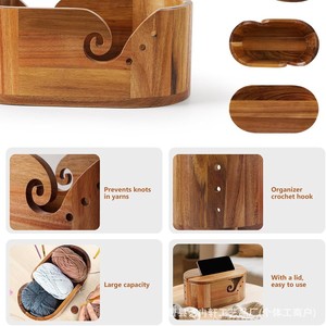 Wooden Oval Yarn Bowl With Lid Phone Stand Storage Box For <b>Crochet</b> <b>Hooks</b> Needlework Desktop Organizer Solid Color - Product Image 3