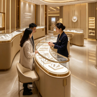 Solution de mobilier sur mesure pour bijouterie : Vitrine îlot incurvée, présentoir mural, finition or champagne, éclairage LED