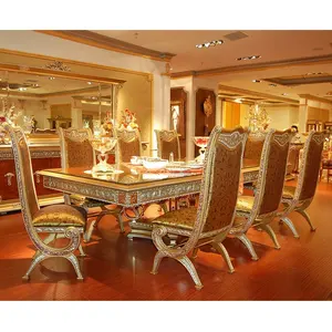 Luxo estilo clássico italiano 8 lugares de madeira conjunto de mesa de jantar com as pernas de bronze