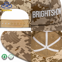 Casquette Snapback à 5 panneaux à visière plate, certifiée OCS, avec impression numérique camouflage style Pixel personnalisé, broderie en relief, vente en gros, usine OEM