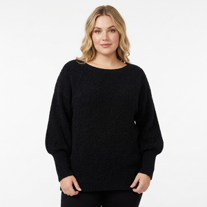 Suéter Negro Sólido de Punto Grueso para Mujer, Cuello Redondo, Manga Larga, Informal, para Invierno - Product Image 1