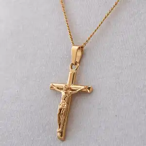 耶稣十字架项链18k金银不锈钢宗教基督教饰品男士金色十字架吊坠项链
