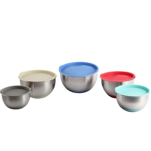 Ensemble de bols à salade en acier inoxydable à base en silicone intérieure et colorée et avec couvercle en PE de couleur - Product Image 3