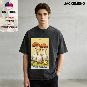 T-shirt en coton délavé oversize avec imprimé thème Zodiaque Vierge Tarot Oie Champignon, style rétro décontracté, Vente en gros depuis entrepôt USA - Product Image 1