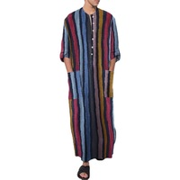 Turbans en lin pour hommes, Kaftan de Dubaï, Coton imprimé rayé, Vintage, Manches longues, Coupe ample, Vêtements ethniques décontractés, Musulman, Islamique