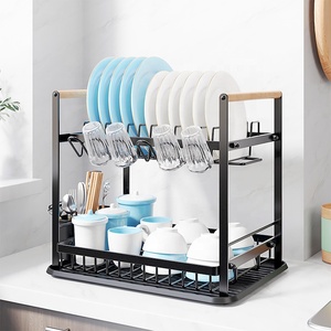 <span class=keywords><strong>Escurridor</strong></span> de Platos de 2 Niveles Estilo Nórdico con Asas de Madera Natural, Organizador de Fregadero de Cocina de Metal Negro y <span class=keywords><strong>Escurridor</strong></span> - Product Image 1