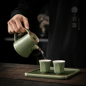 Retro Style Ceramic Teapot Bamboo Green Glazed Hand Held With Lid Yue Kiln Celadon Kung Fu <b>Tea</b> <b>Set</b> Single <b>Pot</b> - Product Image 1