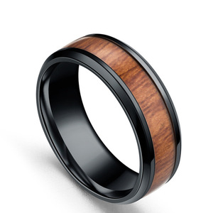 Cincin Kawin Pria Kayu Keramik Hitam 8mm Laris Manis, Finishing Poles, Inlay Kayu Coklat, Nyaman Dipakai, Cincin Titanium Vintage - Product Image 5