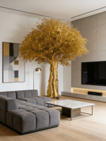Arbre artificiel de banian doré de luxe personnalisable de 5,5 m de haut - pour le hall d'hôtel, le centre commercial, la villa, le spa, le café, le restaurant, la décoration intérieure
