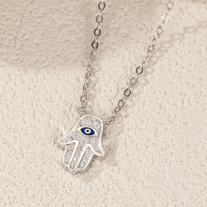 Collana con Pendente Occhio Blu Portafortuna in Argento Sterling 925 Placcato Rodio con Zirconia Cubica e Catena a Croce - Product Image 5