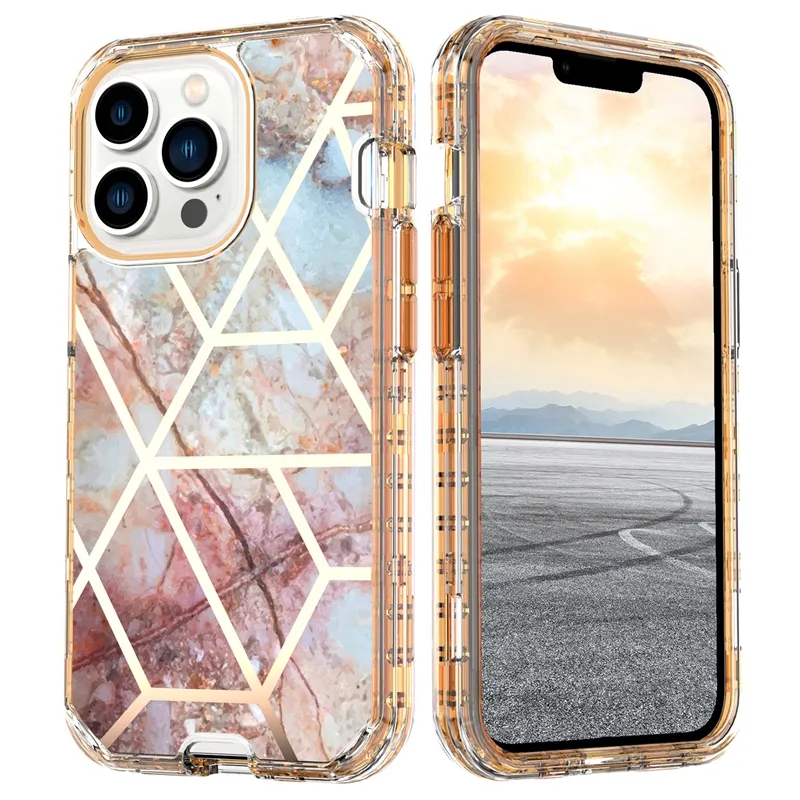 Shockproof 3 in 1 case back cover for iPhone 13 13 Pro, For iPhone 14 Pro Max Chrome Marble cover