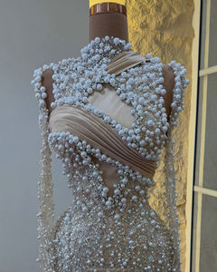 MD50100迷人的香槟高领美人鱼舞会礼服，奢华珍珠串珠和垂褶侧列，适合正式场合 - Product Image 3