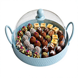 Hot Sale Light Blue Round Hammered Metal Dessert <b>Tray</b> Clear <b>Glass</b> Dome Lid Stainless Steel Cake Stand Side Handles Cloche - Product Image 1