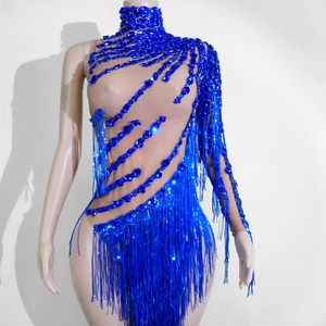 Combinaison sexy bleu royal à franges de paillettes, une manche asymétrique, pour danse de salon, pole dance, burlesque, <span class=keywords><strong>costume</strong></span> de drag queen professionnel - Product Image 4