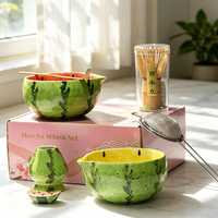 Ensemble de bols à matcha en céramique jaune pastèque, 4 à 8 pièces, avec fouet, support, cuillère et boîte cadeau, personnalisable avec logo OEM, pour débutants en thé