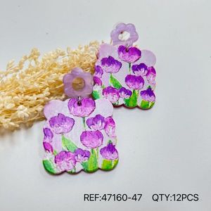 Orecchini pendenti in legno floreale viola, 12 pezzi, per donna, accessorio di gioielleria alla moda - Product Image 3