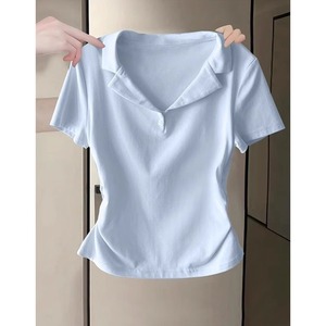 Polo con cuello en V, camisetas de algodón puro, <span class=keywords><strong>camisas</strong></span> plisadas ajustadas para abrazar la cintura, camisetas cortas personalizadas al por mayor - Product Image 6