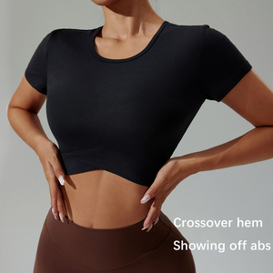 <span class=keywords><strong>T</strong></span>-<span class=keywords><strong>shirt</strong></span> de fitness pour <span class=keywords><strong>femme</strong></span> avec logo personnalisé, crop top sexy à ourlet croisé, respirant, à manches courtes, pour yoga, pilates, course à pied et entraînement en salle de sport - Product Image 1
