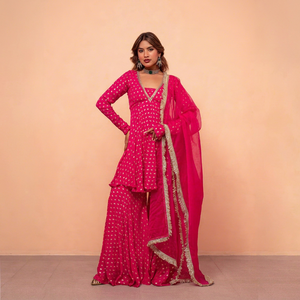 Pink Polka Dot Traditional Indian Pakistani Women's Floor-Length Anarkali Suit With Dupatta Wedding Wear - Product Image 1