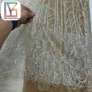Nouveau Design Tissu de Dentelle Mariée en Tulle Perlée et Pailletée Lourd Luxe Africain Faite à la Main en Perles sur Maille pour Robes Femme - Product Image 4