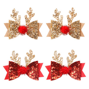 Christmas Xmas Children's Glitter Edge Sequins Barrettes Reindeer <strong>Antler</strong> Hair Clips Girls Bow Hairpin Fabric Accessories - Product Image 5