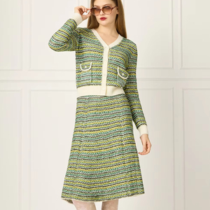 Cardigan 2026 in maglia tinta unita stile <span class=keywords><strong>Tweed</strong></span> personalizzato e gonna a trapezio completo estivo Casual a due pezzi da donna - Product Image 1