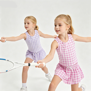 Ensemble de tenue de tennis bleu à carreaux pour petites filles, débardeur sans manches à col rond extensible et doux pour enfants, short fluide coupe crayon - Product Image 4