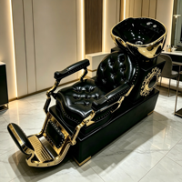 Fauteuil de lavage de luxe noir et or avec design inclinable, station de lavage de cheveux en cuir capitonné avec bac plaqué or