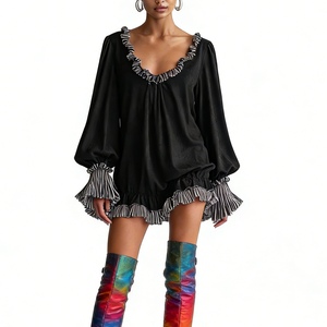 ชุดเดรสมินิสีดำสำหรับผู้หญิง - ชุดเดรสลำลองคอวีลายทางแขนยาวทรงหลวม ชุดเดรสแฟชั่นสำหรับผู้หญิง - Product Image 3