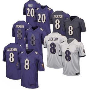 Camiseta de Fútbol Americano de los Baltimore Ravens para Jóvenes # 8 Lamar Jackson # 20 Uniformes Regg Rogers Morados y Blancos - Product Image 1
