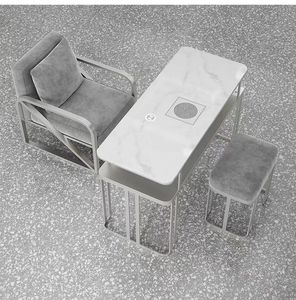 Mesa de Manicura Móvil Individual con Marco de Metal Dorado Blanco de Lujo y Sillas con Aspiradora, Diseño Moderno - Product Image 2