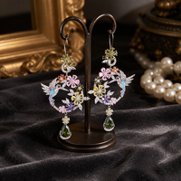 Boucles d'oreilles pendantes rétro en émail floral et oiseaux, style chinois, serties de diamants, en cuivre électroplaqué pour femmes - Ornements d'oreille vintage